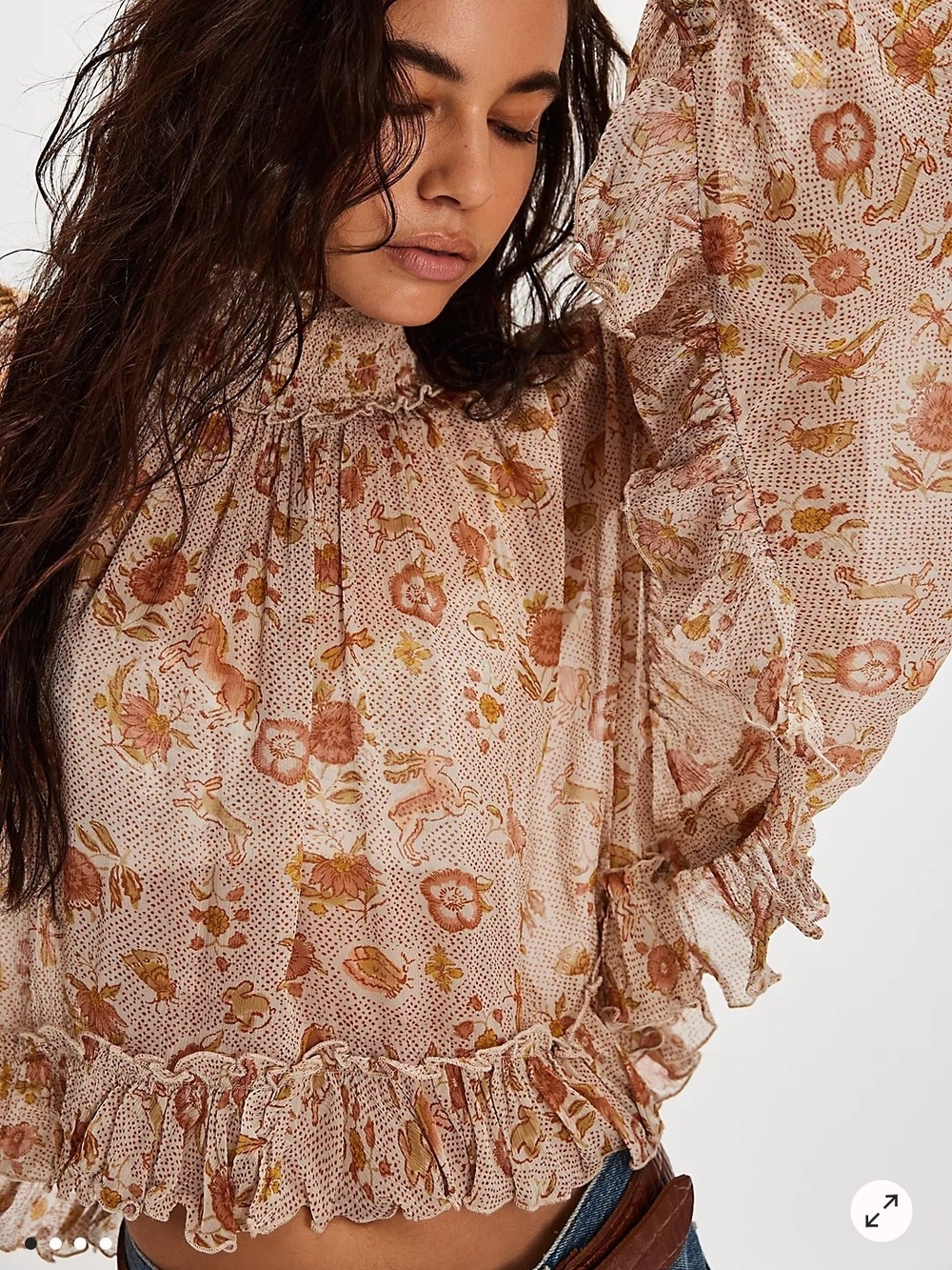 Free People Pink Floral Ruffled High-Neck Blouse